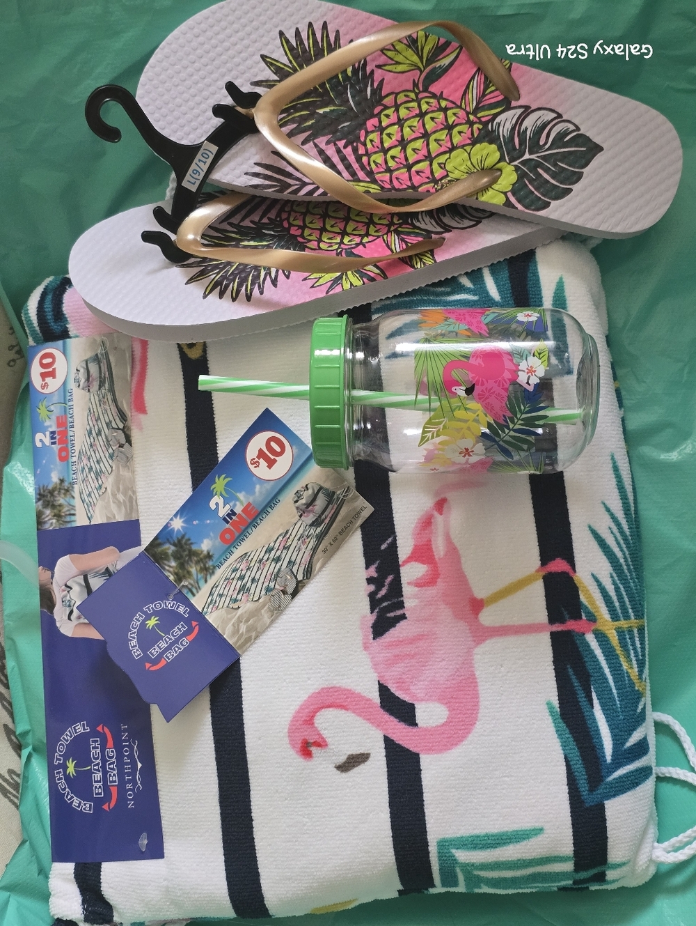 3 Piece Beach/ Pool Set: Towel Bag, Cup, & Flip Flops Sz 9/10 NEW